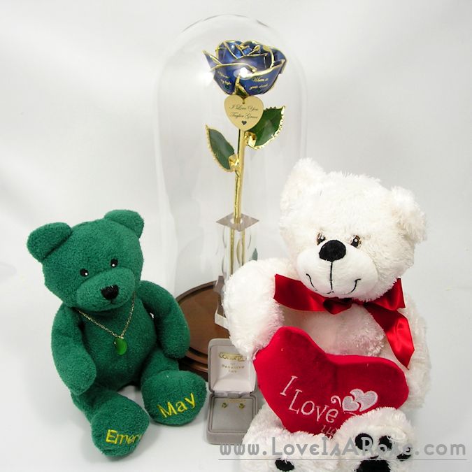 24k Gold Rose in Glass Dome with Bears