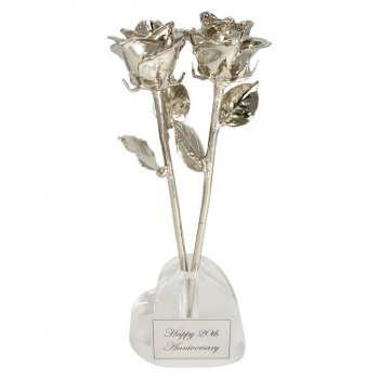 Two 11" Platinum Dipped Roses in Heart Vase 20th Anniversary Gift