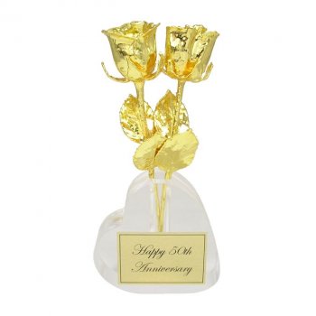 Two 8" 24k Roses in Heart Vase: 50th Anniversary Gift