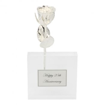 8" Silver Dipped Rose in 25th Anniversary Vase