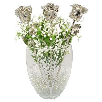 Past, Present and Future 17" Platinum Roses in Tree of Life Vase