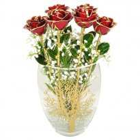 Six 17" 24k Gold Trim Roses in Tree of Life Vase