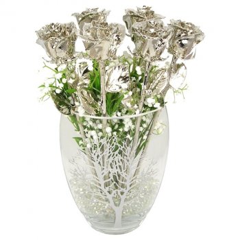 Six 17" Platinum Roses in Tree of Life Vase: 20th Anniversary Gift
