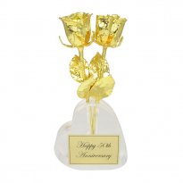 Two 8" 24k Roses in Heart Vase: 50th Anniversary Gift