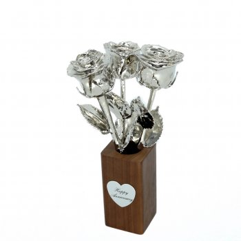 Three 8" Silver Roses in Personalized Walnut Vase