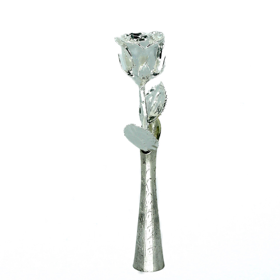 8" Silver Rose in Etched Silver Vase