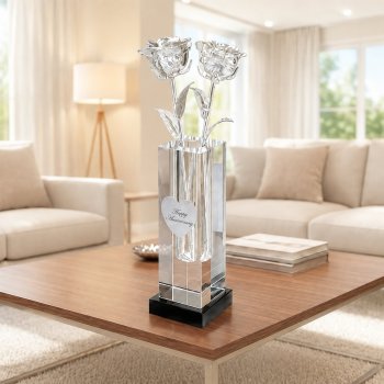 2 Illuminated 11" Platinum Roses in 8" Personalized Crystal Vase