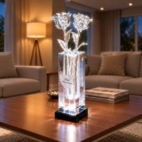 2 Illuminated 11" Platinum Roses in 8" Personalized Crystal Vase