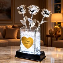 3 Illuminated 11" Platinum Roses in 6" Personalized Vase
