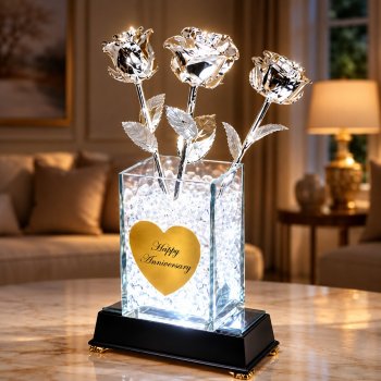 3 Illuminated 11" Silver Roses in 6" Personalized Vase