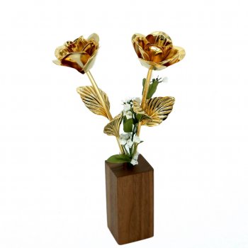 Two 11" 24kt Gold Heirloom Roses in Walnut Vase