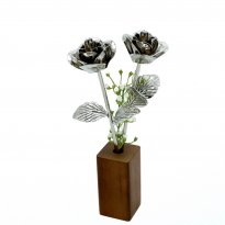 Two 11" Silver Heirloom Roses in Walnut Vase