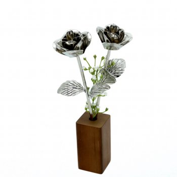 Two 11" Silver Heirloom Roses in Walnut Vase