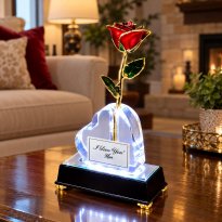 Illuminated 11" Trimmed 24k Gold Rose in Personalized Heart Vase