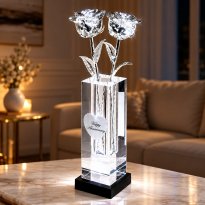 2 Illuminated 14" Silver Roses in 8" Personalized Crystal Vase