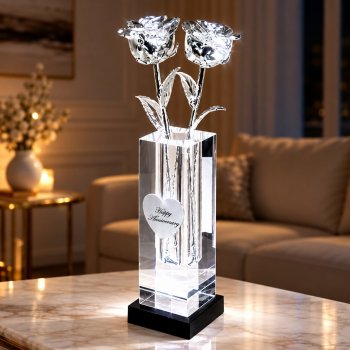 2 Illuminated 14" Silver Roses in 8" Personalized Crystal Vase