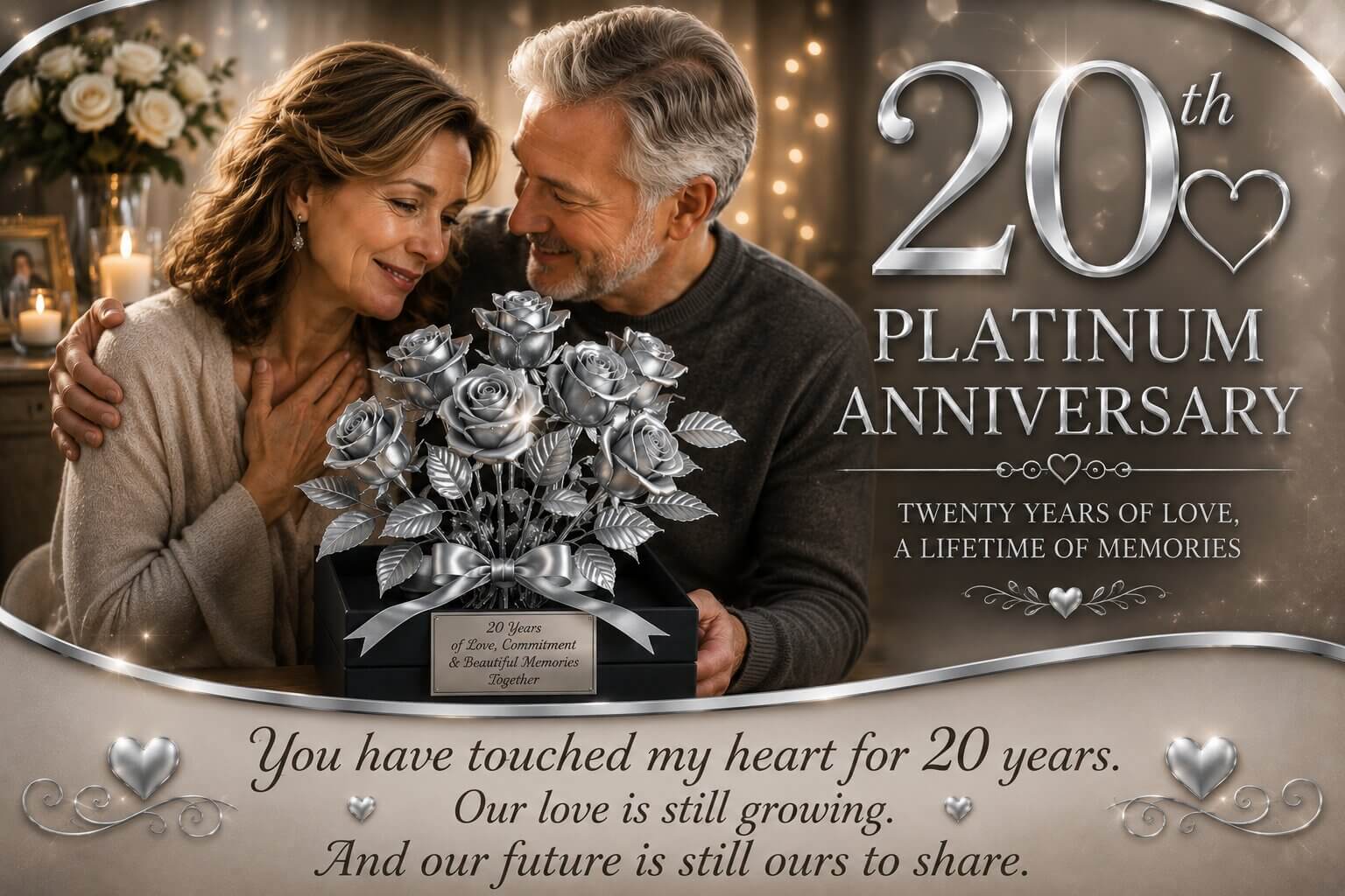 A happy couple celebrating their 20th platinum wedding anniversary with a luxury metallic rose bouquet and gift box.