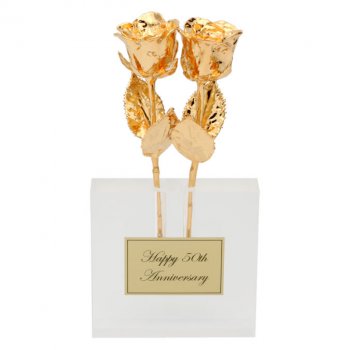 Two 8" Gold Dipped Roses in 50th Anniversary Vase