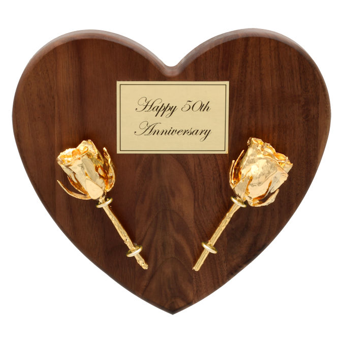 Personalized 50th Anniversary Gift: 24k Gold Roses on Heart Plaque