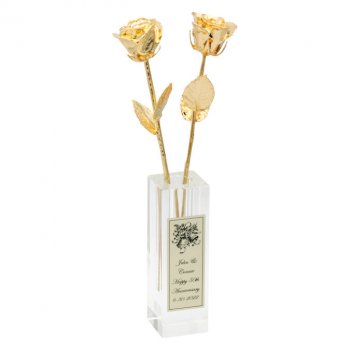 Two 14" 50th Anniversary Gold Roses in Personalized Vase