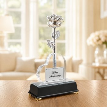 Illuminated 8" Platinum Rose in Personalized Heart Vase