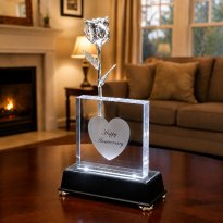 Illuminated 8" Silver Rose in 5" Personalized Crystal Vase