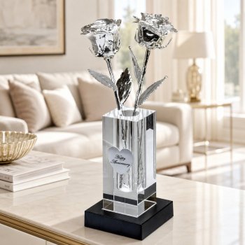 2 Illuminated 8" Silver Roses in 4.5" Personalized Crystal Vase