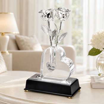 2 Illuminated 8" Silver Roses in Personalized Heart Vase