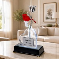 Illuminated 8" Platinum Rose and Cardinal in Custom Heart Vase