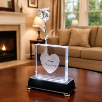 Illuminated 8" Silver Rose in 5" Personalized Crystal Vase