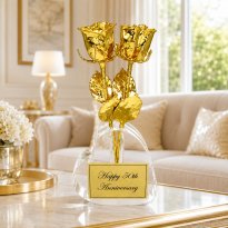 Two 8" 24k Roses in Heart Vase: 50th Anniversary Gift