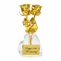 Two 8" 24k Roses in Heart Vase: 50th Anniversary Gift