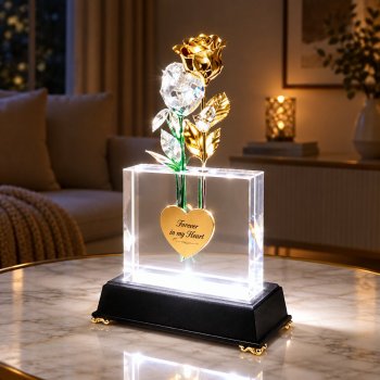 Illuminated 8" 24k Gold Rose in 5" Personalized Crystal Vase