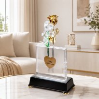 Illuminated 8" 24k Gold Rose in 5" Personalized Crystal Vase