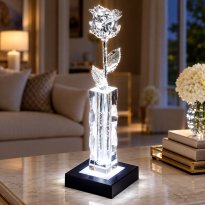 Illuminated 8" Platinum Rose in 5" Cut Crystal Vase