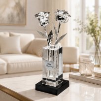 2 Illuminated 8" Platinum Roses in 4.5" Personalized Crystal Vase