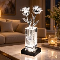 2 Illuminated 8" Platinum Roses in 4.5" Personalized Crystal Vase