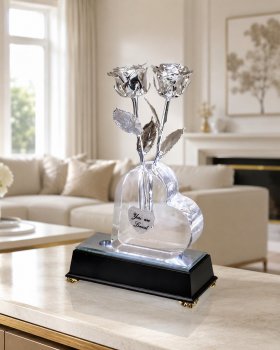 2 Illuminated 8" Platinum Roses in Personalized Heart Vase