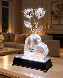 2 Illuminated 8" Platinum Roses in Personalized Heart Vase