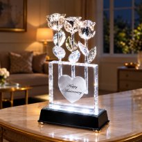 3 Illuminated 8" Platinum Roses in 5" Personalized Crystal Vase