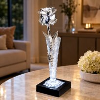 Illuminated 8" Silver Rose in 6" Crystal Mini Rose Vase