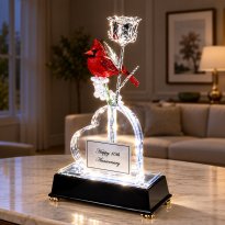 Illuminated 8" Silver Rose and Cardinal in Custom Heart Vase