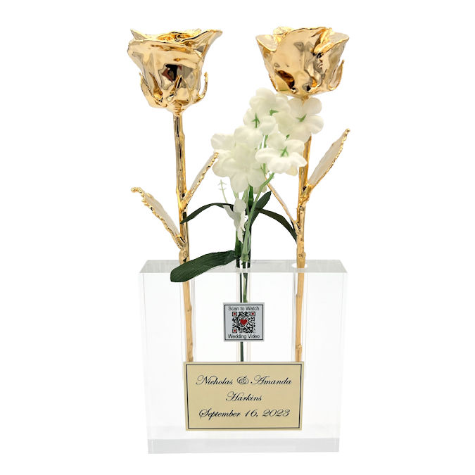 Two 8" Wedding Roses in Personalized Vase with Video QR Code
