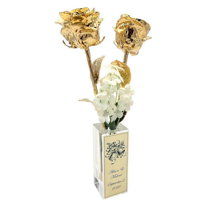 Two 11" Fully Dipped Wedding Roses In Personalized Vase