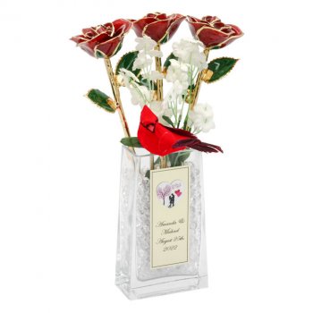 1st Anniversary Gift: 3 Gold Trim Roses in Personalized Vase