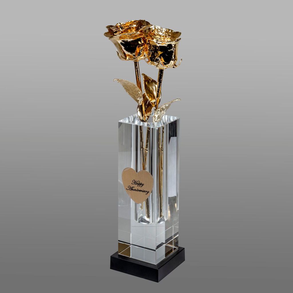 2 Illuminated 11″ 24k Gold Roses in 8″ Personalized Crystal Vase