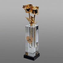 2 Illuminated 11" 24k Gold Roses in 8" Personalized Crystal Vase