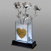 3 Illuminated 11" Platinum Roses in 6" Personalized Vase