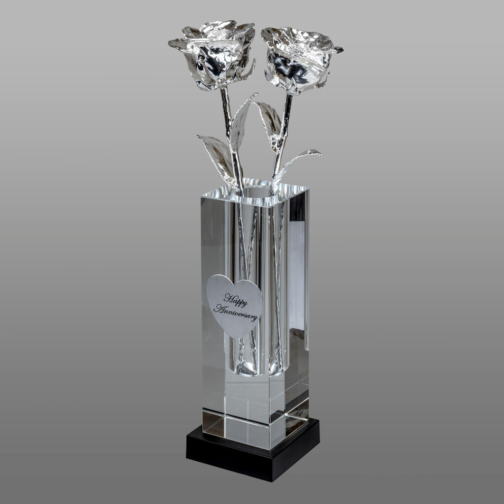 2 Illuminated 11″ Platinum Roses in 8″ Personalized Crystal Vase