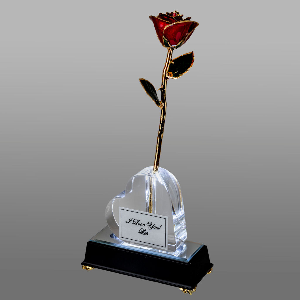 Illuminated 11″ Trimmed 24k Gold Rose in Personalized Heart Vase
